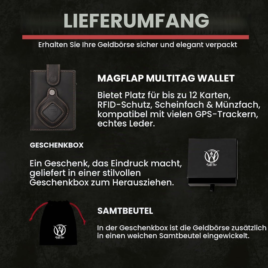 Will Fire® MagFlap® MultiTag | Airtag Android Wallet Samsung Galaxy Smart Tag + Tile Chipolo ATUVOS