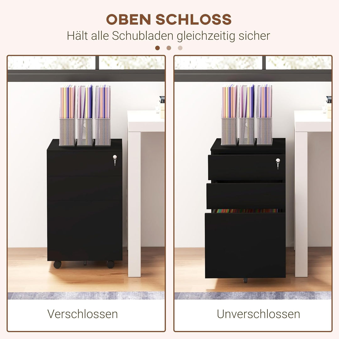Vinsetto Rollcontainer Aktenschrank mit 3 Schubladen, Büroschrank mit Schloss, Druckschrank, Untersc