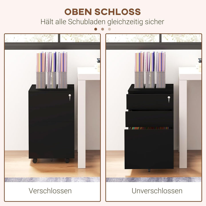 Vinsetto Rollcontainer Aktenschrank mit 3 Schubladen, Büroschrank mit Schloss, Druckschrank, Untersc