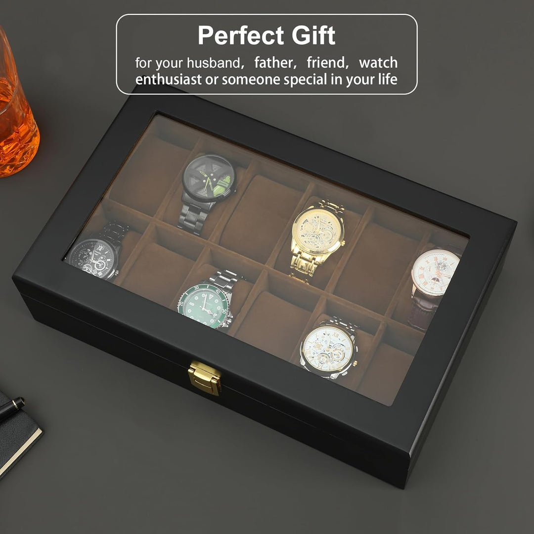R.SHENGTE Uhrenbox,12 Slots Holzuhr Organizer Box mit Glasdeckel,Schmuck Aufbewahrungsbox für Männer