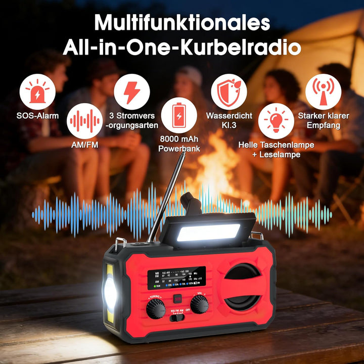 Kurbelradio, Tragbares Solarradio mit AM/FM, 8000mAh Powerbank, Notfallradio mit SOS-Alarm, LED-Tasc