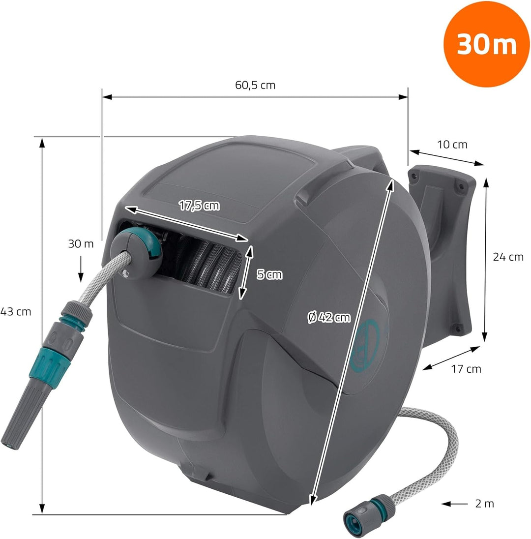 ECD Germany Schlauchaufroller 30m+2m, Schlauchtrommel, Wand-Schlauchbox RollUp mit Arretierstop und