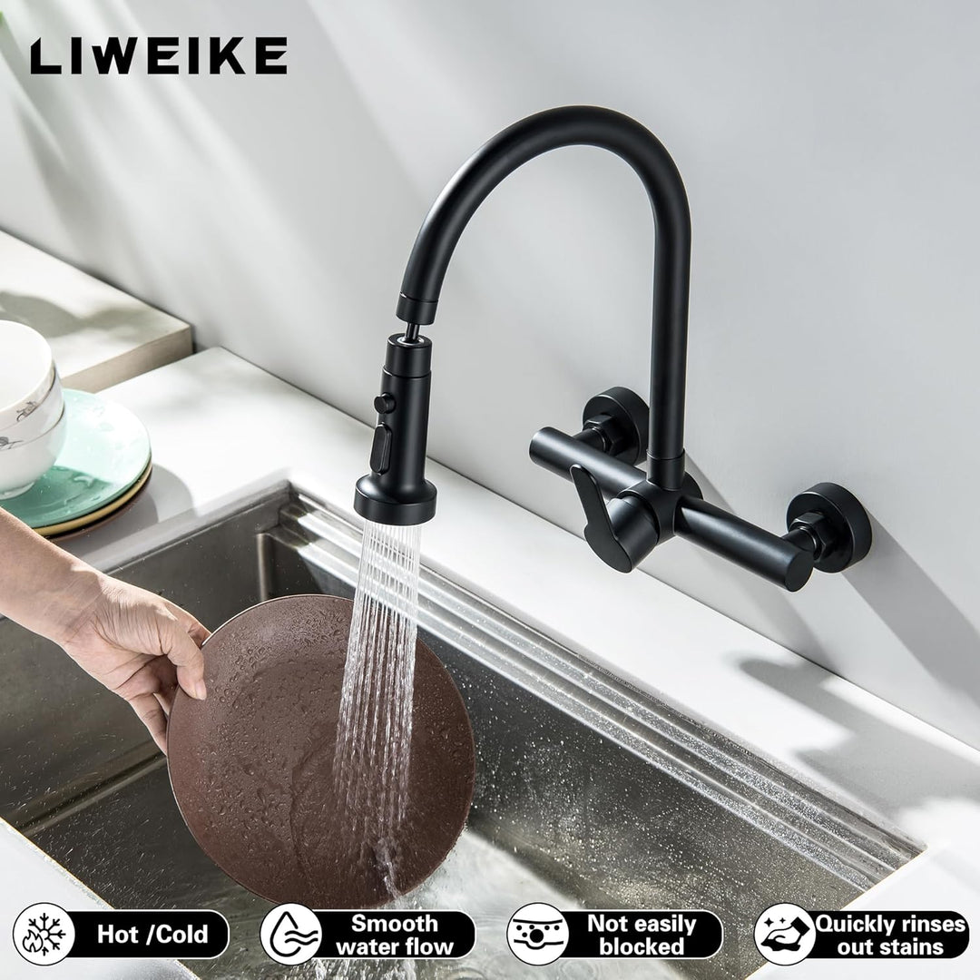 LIWEIKE Wasserhahn Küche Wandmontage Schwarz, 360° Drehbarer Auslauf Wasserhahn Küche Wandmontage mi