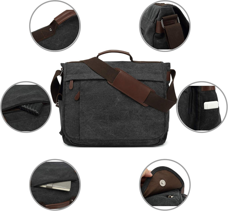 CALIYO Umhängetaschen Herren aus Canvas Schultasche Queformat A4 Laptoptasche für 15,6 Zoll Laptop A