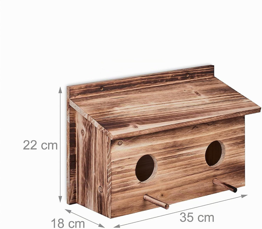 Relaxdays Nistkasten für Stare, natürliches Tannenholz, 2X Einflugloch 5 cm, Sitzstange, Vogelhaus z