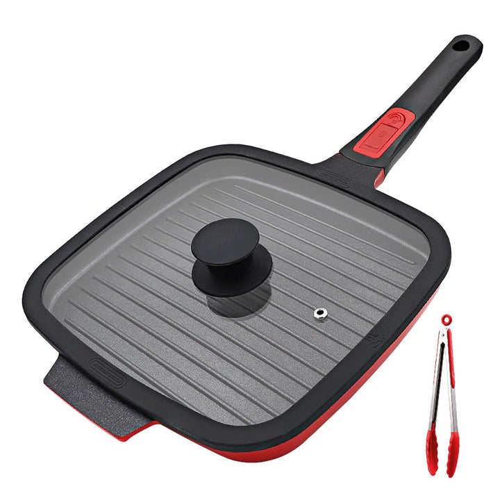 Grillpfanne Induktion mit Deckel 26 x 24 cm, Steakpfanne Eckig mit Abnehmbarer Griff, Grill Pfanne A