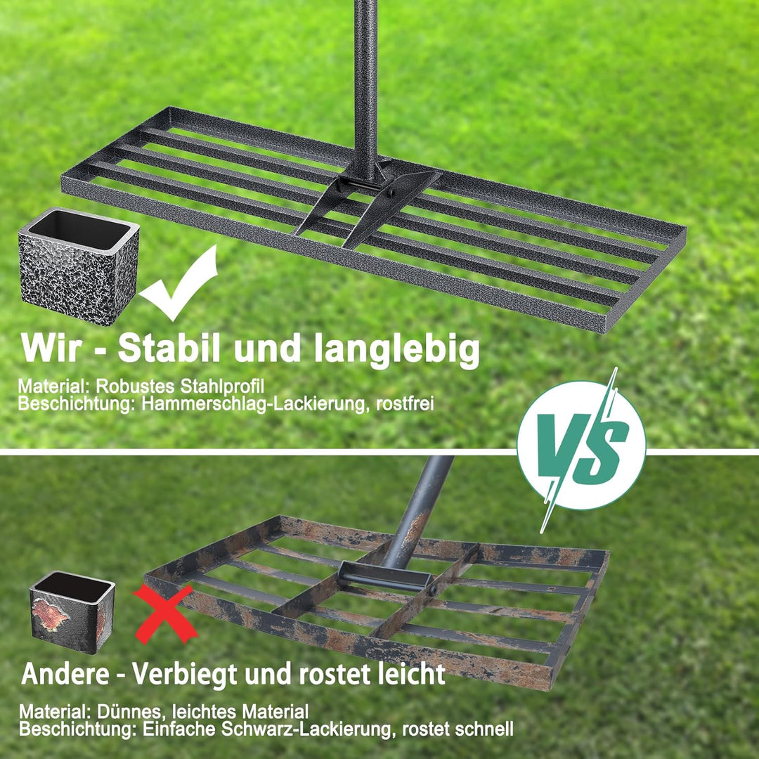 Rasenlevelrakete 76x25cm mit verstellbarem Stiel, rostschutzbeschichteter Rasenrechen aus Stahl für