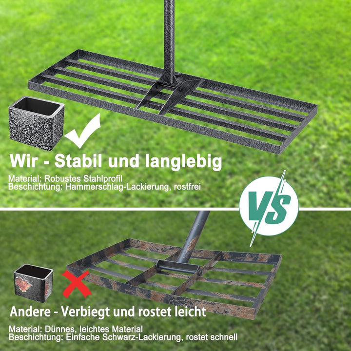 Rasenlevelrakete 76x25cm mit verstellbarem Stiel, rostschutzbeschichteter Rasenrechen aus Stahl für