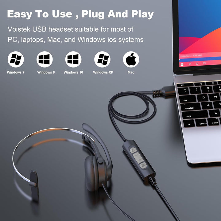 Voistek USB Headset mit Mikrofon für Laptop PC, Geräuschunterdrückung, USB-A/USB-C, Einseitiges Head