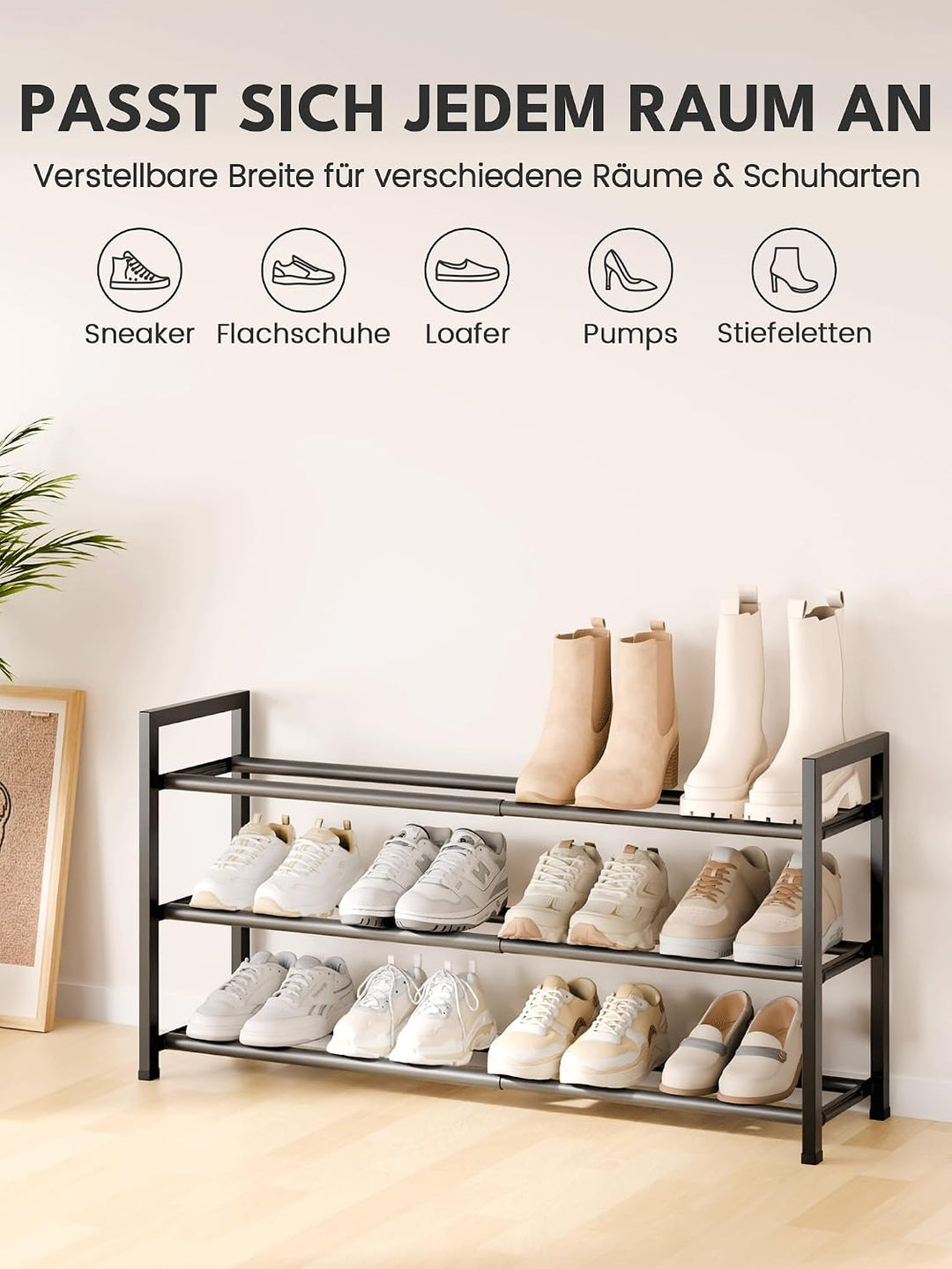 Bumusty Schuhregal 3 Etagen Ausziehbar, 45 bis 83 cm Verstellbar Metall Schuhablage, für kleine Räum