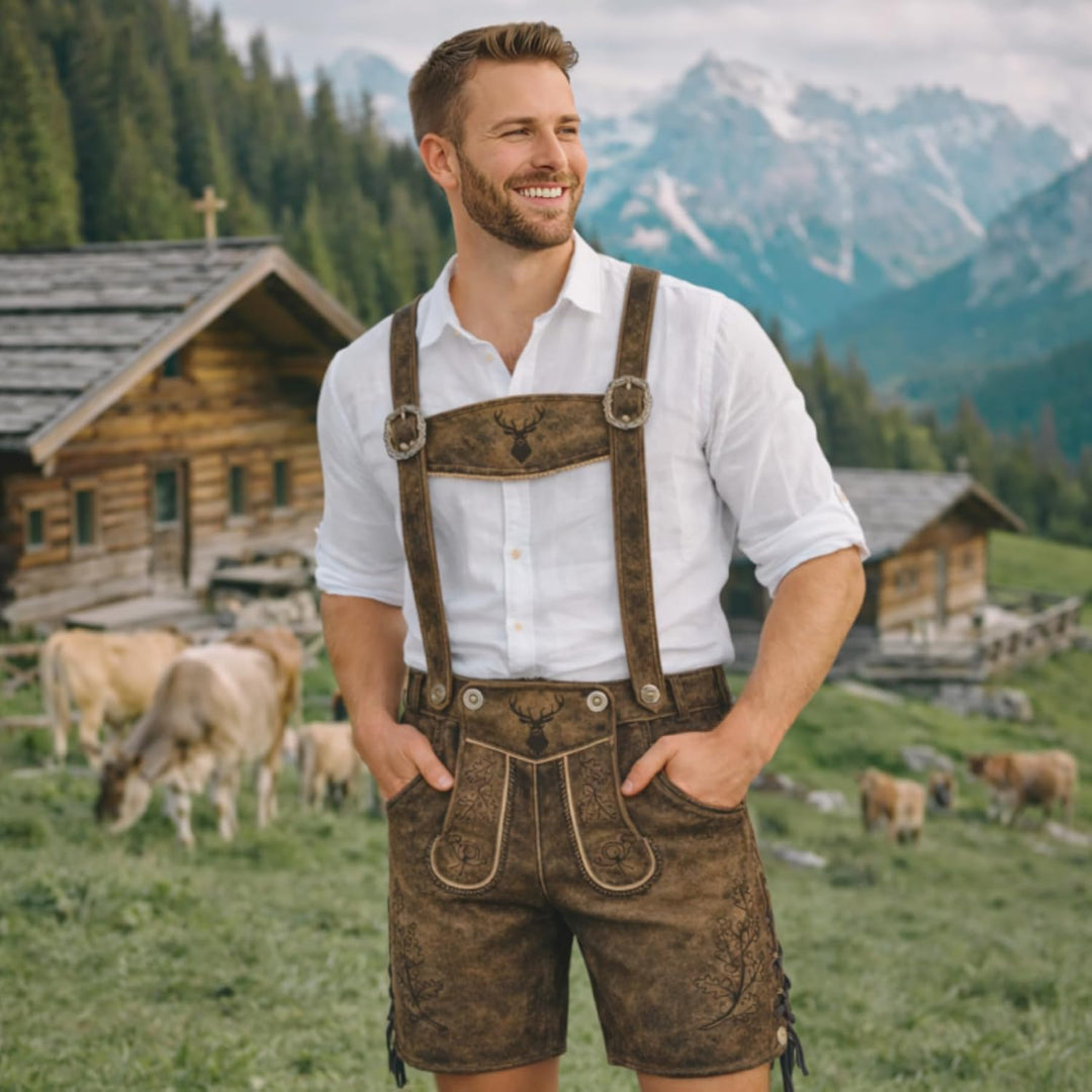 PAULGOS Herren Trachten Lederhose HK5-ANTIK + Träger, Echtes Leder, Gr. 44-60 44 Whiskybraun, 44 Whi