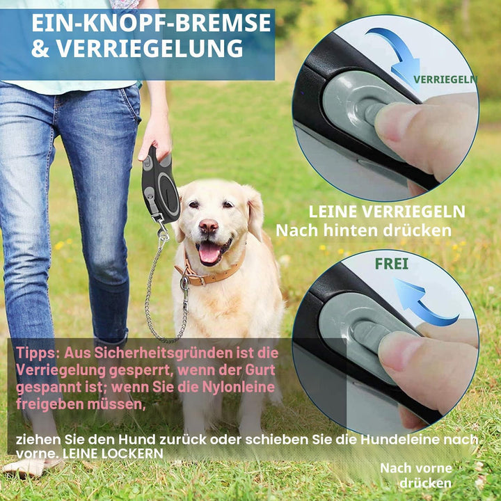 Ausziehbare Leine, 8 m, Nylon, mit kaufester Kette, strapazierfähig für mittelgrosse und grosse Hund