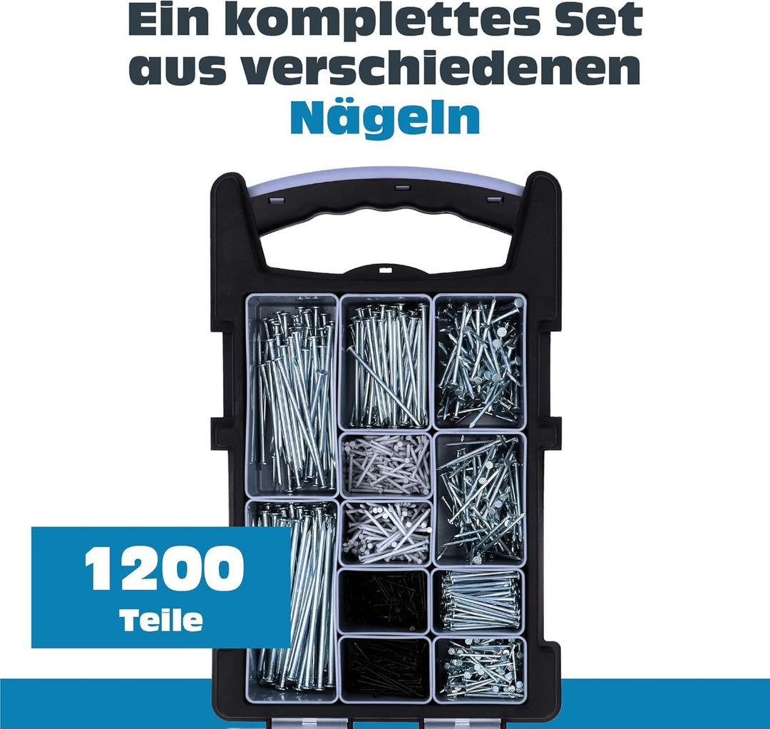 HELPMATE Nagelsortiment Box Haushalt - 1200 Stahlnägel gehärtet - Verschiedene Grössen auch kleine N
