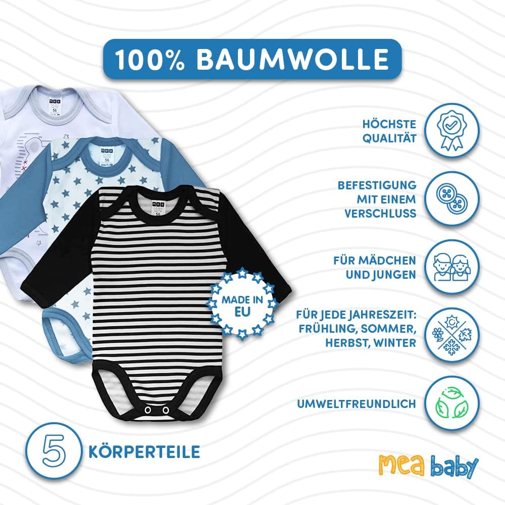 MEA BABY Unisex Baby Langarm Body aus 100% Baumwolle im 5er Pack, Baby Body mit Aufdruck für Mädchen