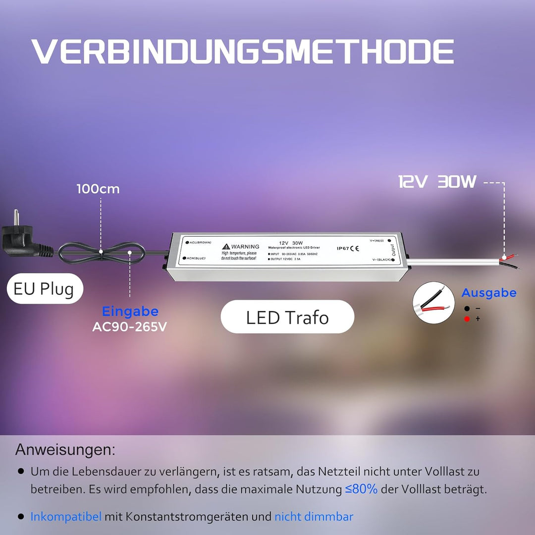 LED Trafo 12V 30W IP67, Outdoor Wasserdicht Transformator mit Stecker, LED Netzteil Treiber 230V auf