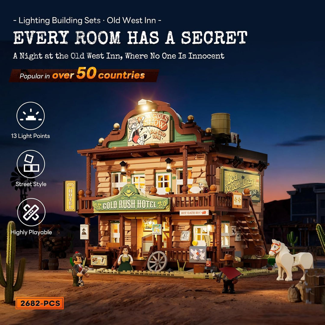 Old West Inn Bausteine Set, 2682 Teile Westernstadt Hotel mit LED-Beleuchtung, vollständig zu öffnen