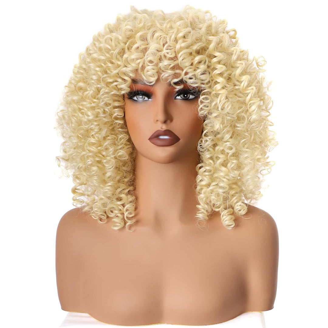 PORSMEER Lockige Afro Perücke Blonde Natürliche Kunsthaar mit Pony für Frauen Schulterlänge Afro Kin