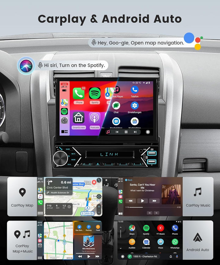 1 DIN DAB+ Autoradio mit 7" automatisch ausfahrbarem Bildschirm, Podofo Wireless CarPlay & Android A