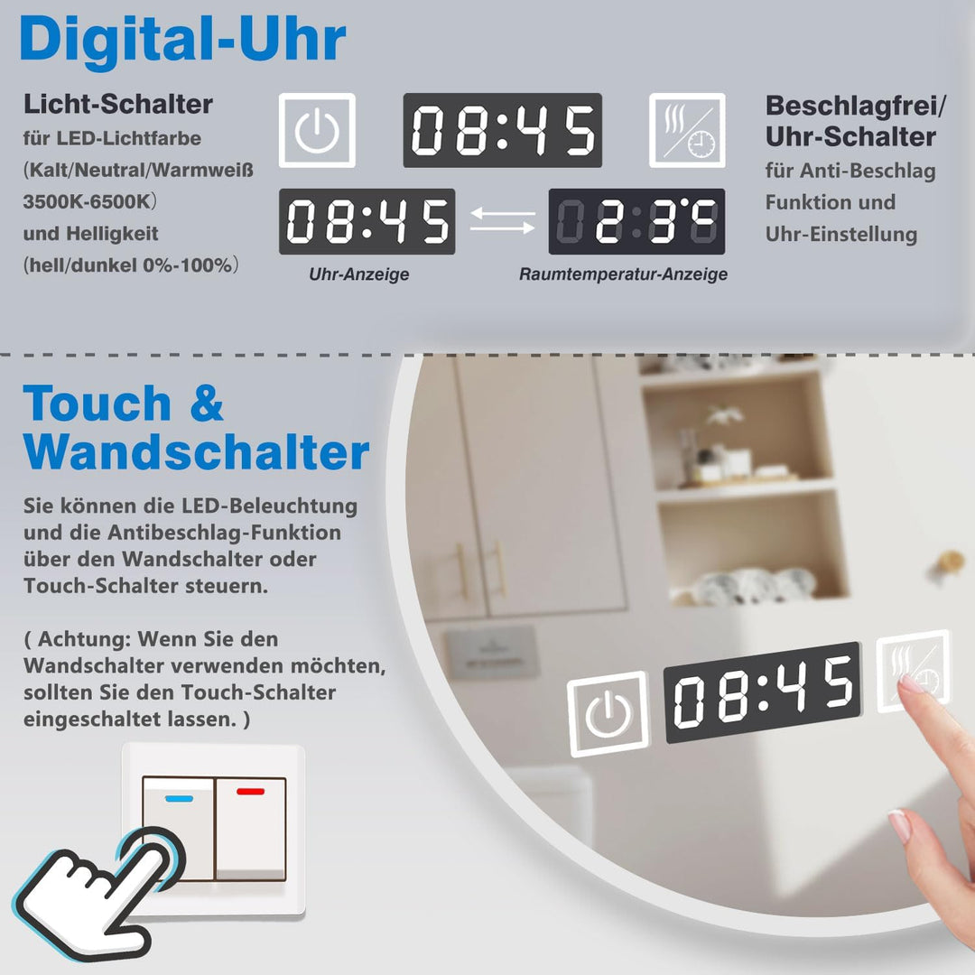 Aica Sanitär Badezimmerspiegel Rund 80cm mit Uhr 3 Lichfarbe dimmbar Memory Wand/Touchschalter Anti-