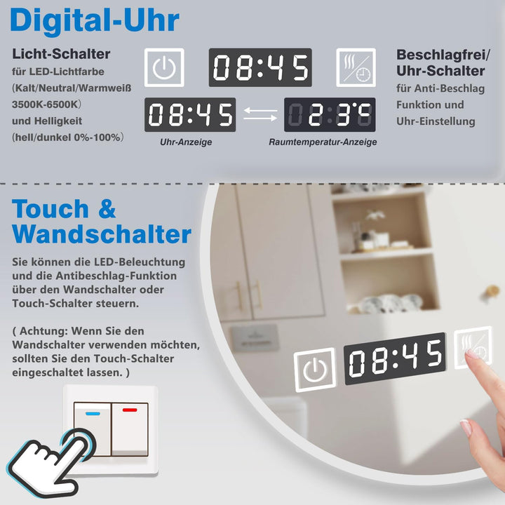Aica Sanitär Badezimmerspiegel Rund 80cm mit Uhr 3 Lichfarbe dimmbar Memory Wand/Touchschalter Anti-