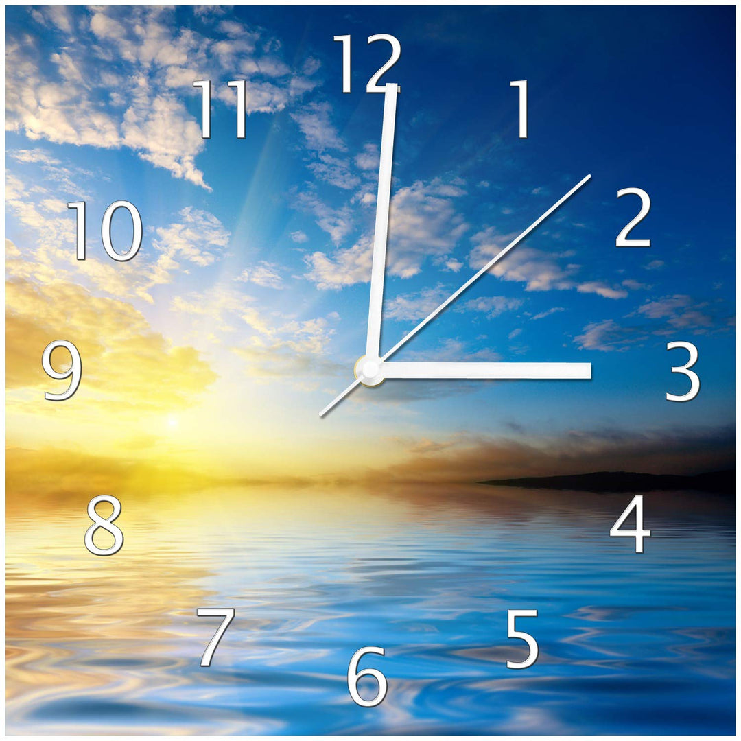 Wallario Design-Wanduhr Sonnenuntergang über dem Meer I aus Glas, Motiv-Uhr Grösse 30 x 30 cm, weiss