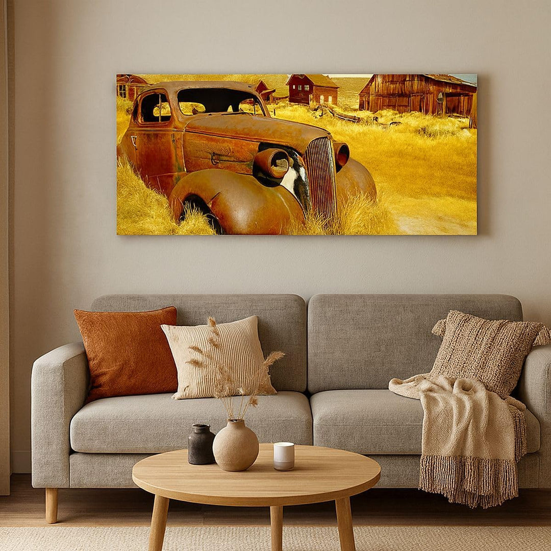 Panorama Bilder auf Leinwand 100x40cm Leinwandbild Bauernhof altes Auto aufgegeben Gross Wanddeko Bi