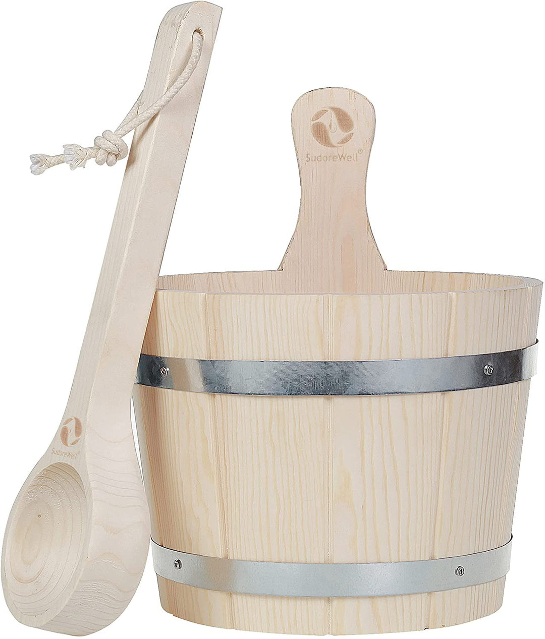 SudoreWell® Saunakübel Set 5 Liter aus Kiefernholz mit Kunststoffeinsatz und zwei Stahlbandstreifen