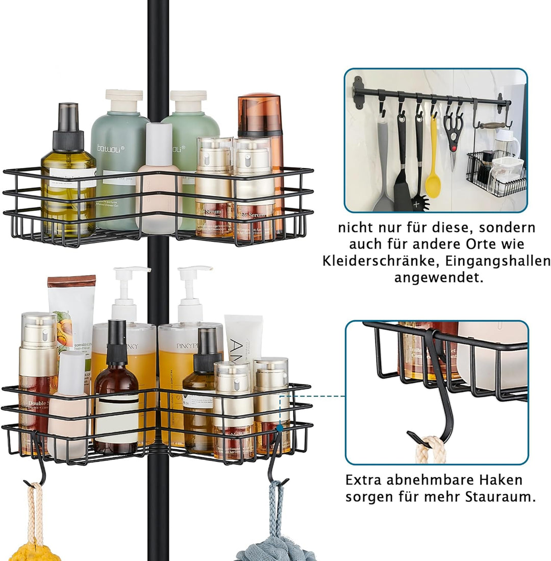 Duschablage ohne Bohren Teleskop Duschregal Metall Eckregal Badregal mit 4 Duschkörben, Höhenverstel