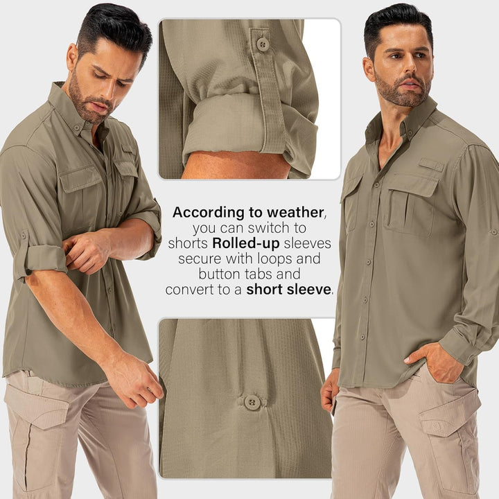 Asfixiado Hemd Herren Safari UPF50+ UV Schutz Wanderhemd Herren Langarm Funktionshemd Outdoorhemd At