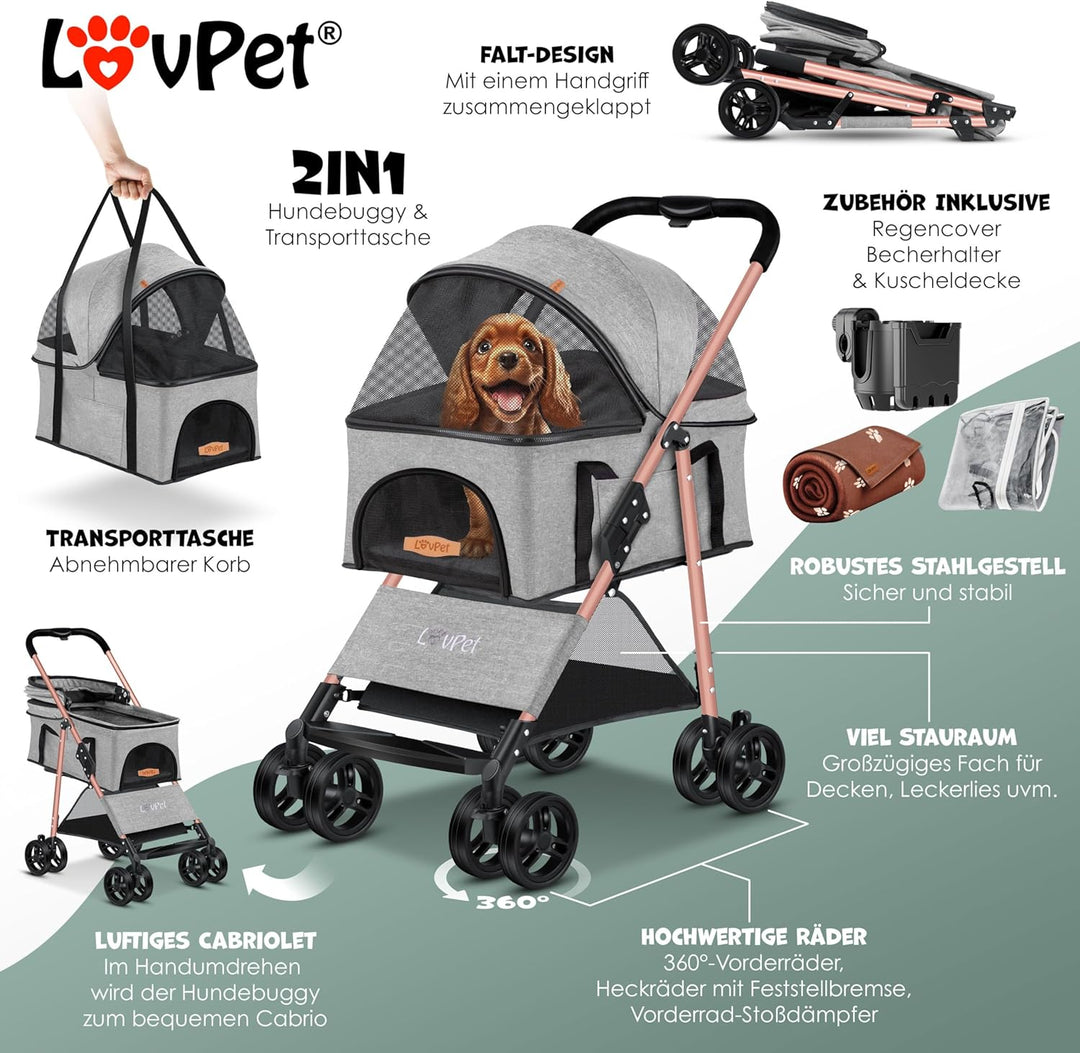 LOVPET® Hundewagen 2in1 Hundebuggy Hundebox Transporttasche Faltbar klappbar bis 20kg Haustiere Bugg