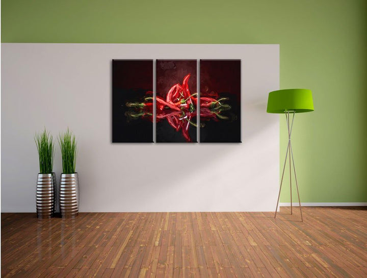 Pixxprint Feurige rote Chili-Choten Kunst Pinsel Effekt 3-Teiler Leinwandbild 120x80 Bild auf Leinwa