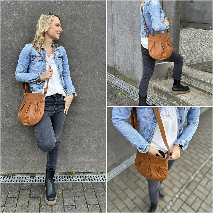 LECONI kleine Schultertasche Damentasche Umhängetasche natur weiche Ledertasche Handtasche Damen Led