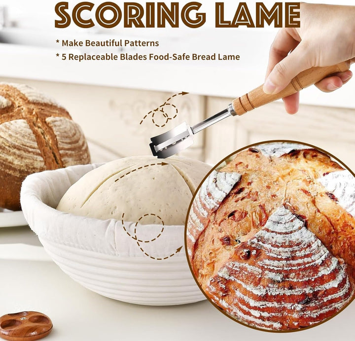 Gärkorb Brot Set,25cm Gärkörbchen zum Brotbacken, Sauerteig Starter Set, Einschliesslich Teigschaber