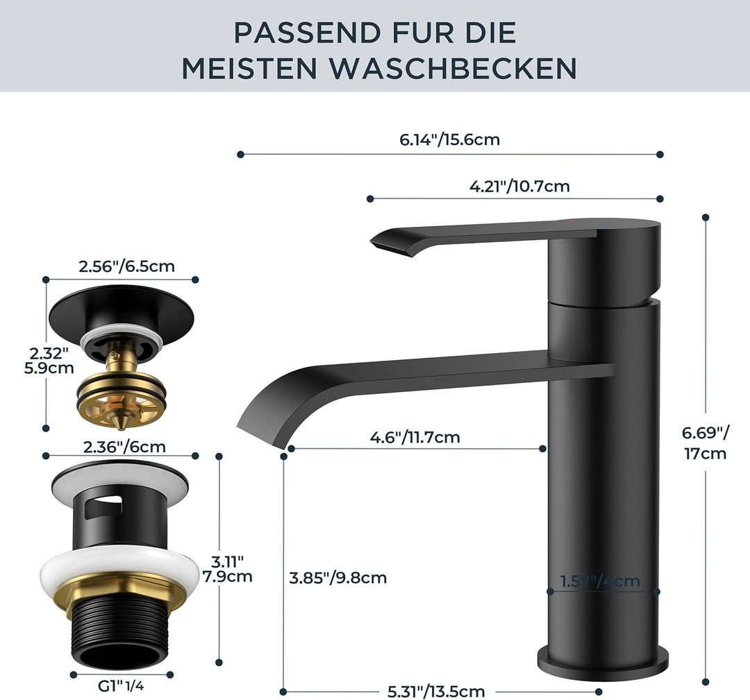 FORIOUS Wasserhahn Bad schwarz mit Ablaufgarnitur, Waschtischarmatur Einhandmischer – Hochwertige Wa