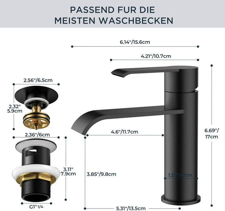 FORIOUS Wasserhahn Bad schwarz mit Ablaufgarnitur, Waschtischarmatur Einhandmischer – Hochwertige Wa