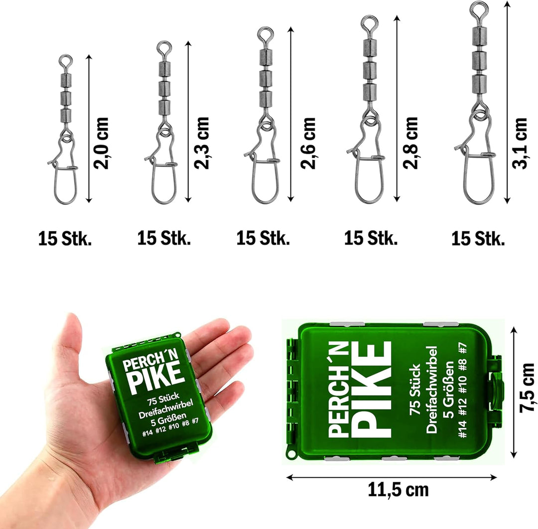 75 Dreifachwirbel im Set inkl. Box Duo-Lock Snap, 3-17 kg, Angelwirbel Set zum Spinnfischen, 5 Gröss