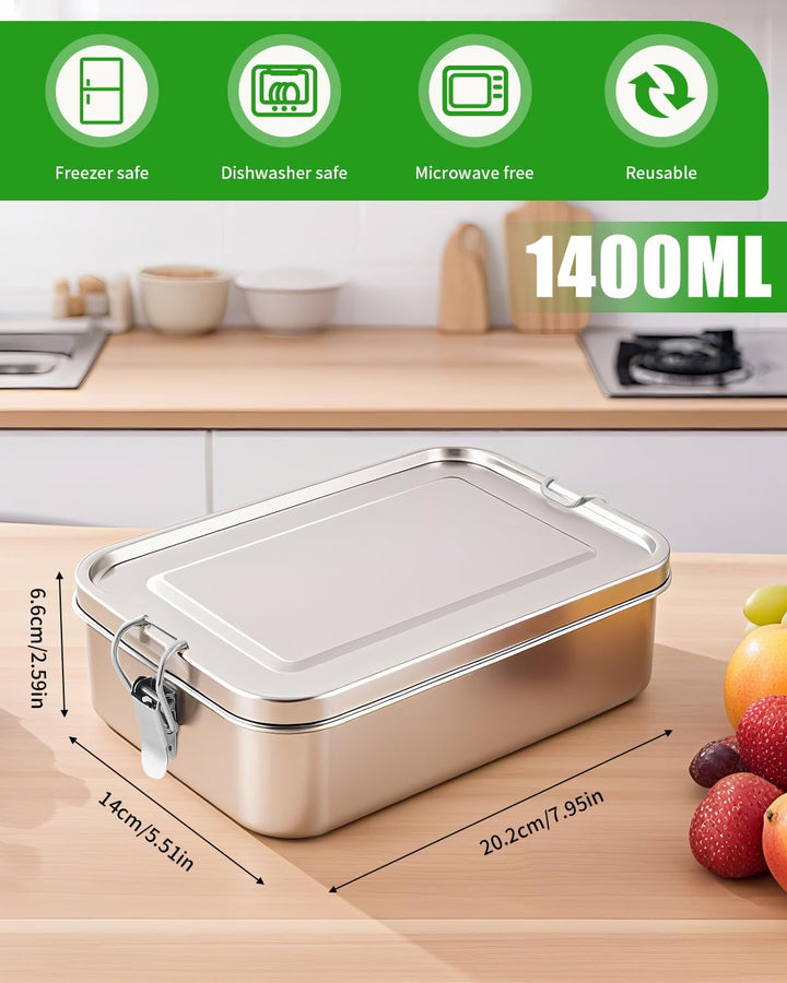 1400ml Edelstahl Brotdose Lunchbox Erwachsene Edelstahl Brotbox Inox mit Trennwand, Auslaufsicher, m