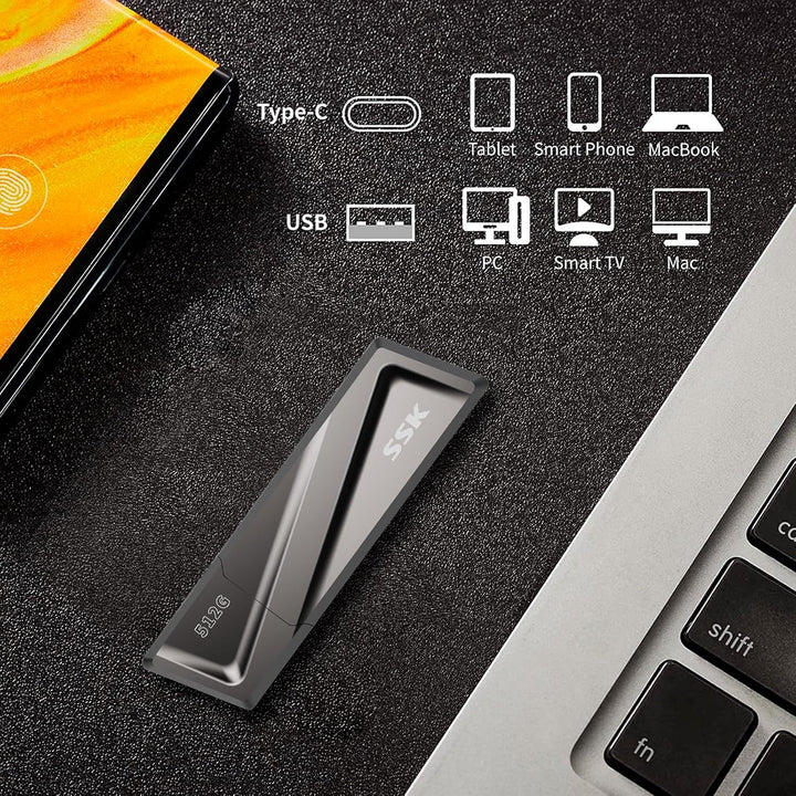 SSK USB3.2 SSD Stick 512GB, High Speed bis zu 550MB/s Extreme Schneller USB-Stick + USB-C Adapter Ex