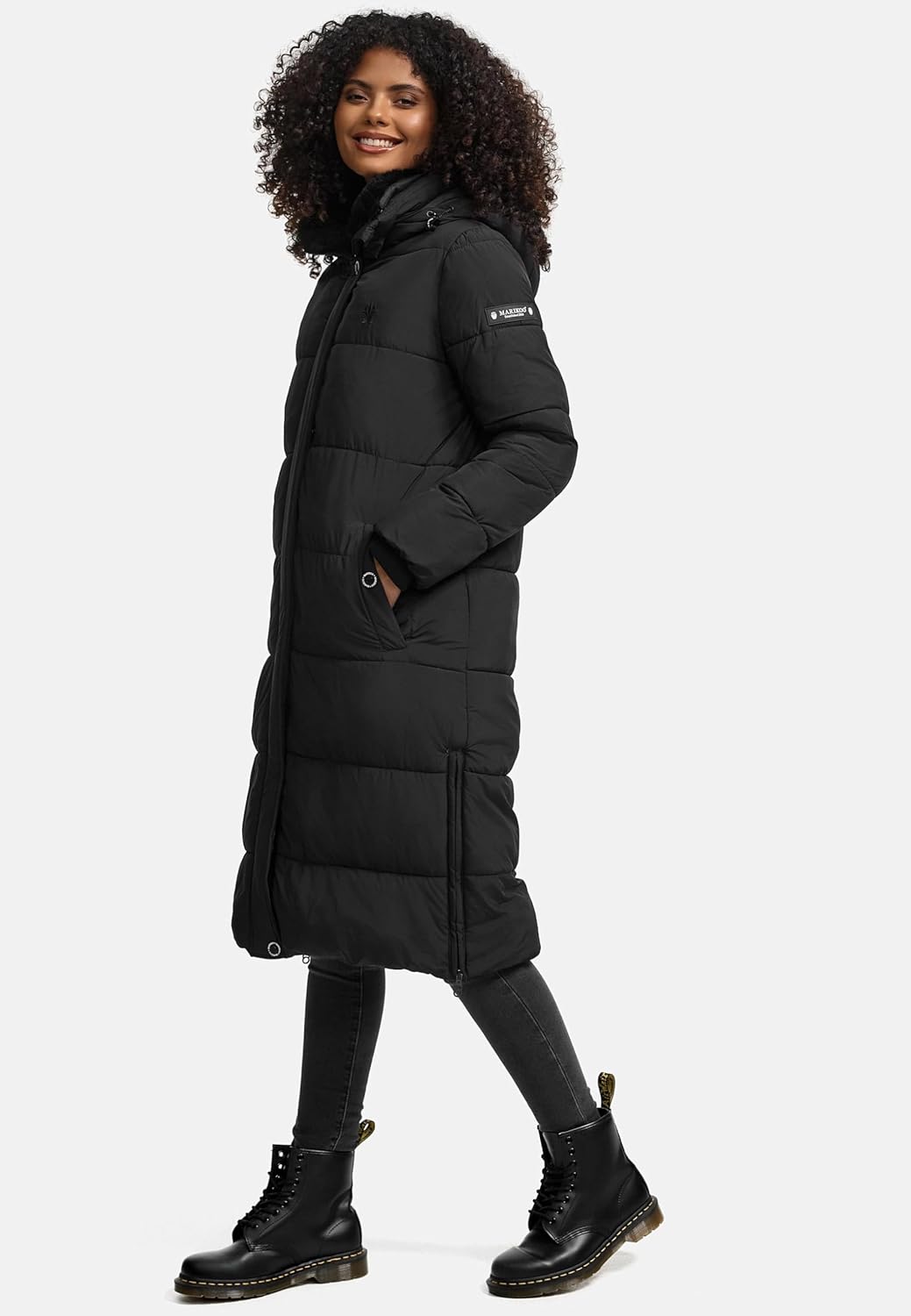 MARIKOO Damen Wintermantel Warmer Steppmantel lang mit Abnehmbarer Kapuze Reliziaa XS-3XL XL Schwarz