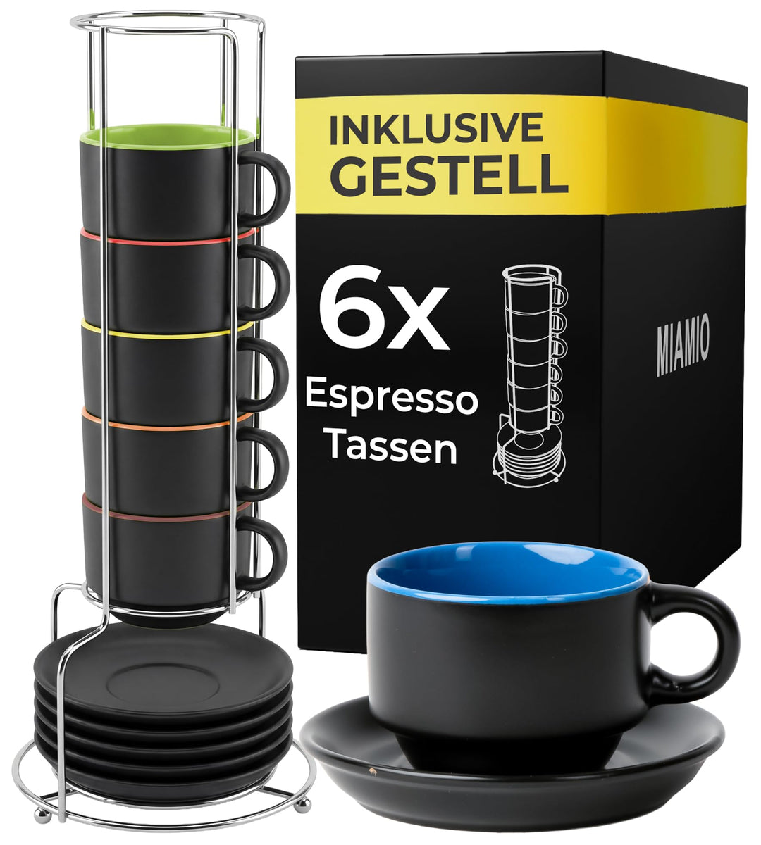 MIAMIO - 6 x 75 ml Espressotassen Set/Espresso Tassen Set mit Untertasse & Ständer - Kaffeetassen Se