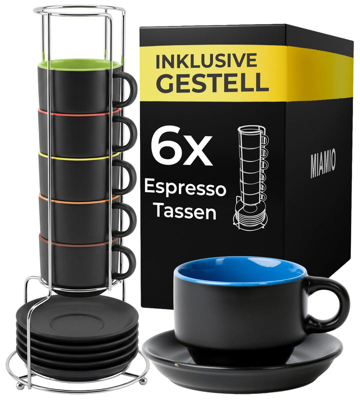 MIAMIO - 6 x 75 ml Espressotassen Set/Espresso Tassen Set mit Untertasse & Ständer - Kaffeetassen Se