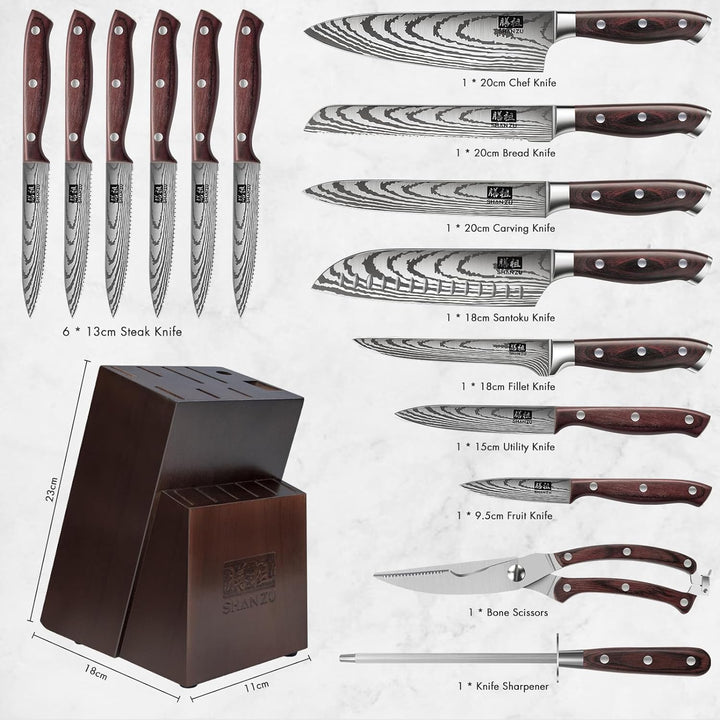 SHAN ZU Messerset 16 teilig, Japanisches Küchenmesser Set mit Block, Ultrascharfes Messerset für die