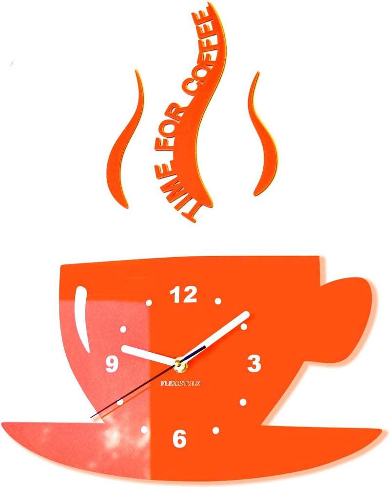 FLEXISTYLE Tasse Time for Coffee Moderne Küche (Zeit für Kaffee) Wanduhr, orange, 3D römisch, wanduh