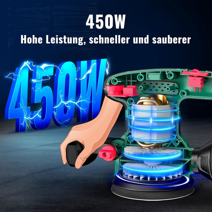 HYCHIKA 450W Exzenterschleifer 125mm, 6 Geschwindigkeiten 6000-12000OPM, effizientes Staubauffangsys