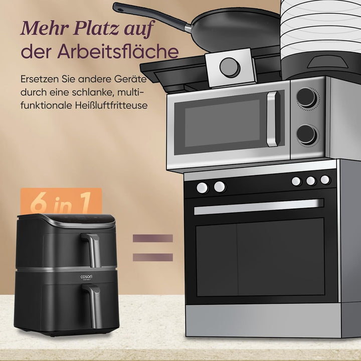 COSORI Turbo Tower Heissluftfritteuse mit 2 Kammern, 10,8L Double Stack Airfryer, spart 41Prozent Kü