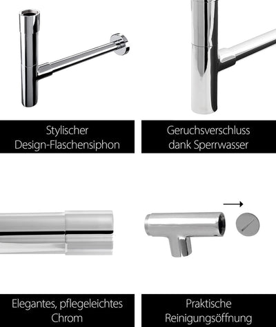 'aquaSu® Design Siphon Luxus | Flaschensiphon in 1 1/4 x 32 mm | Reinigungsöffnung | chrom | Geruchs
