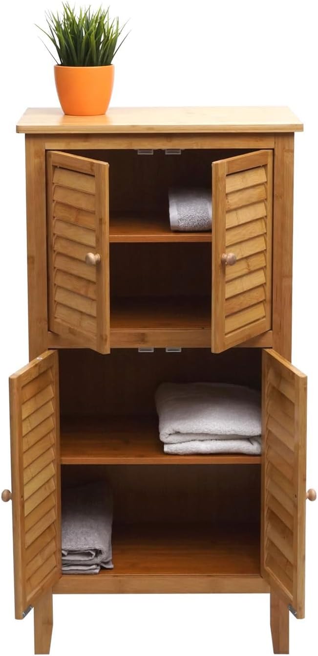 Badezimmerschrank HWC-B18, Regal Kommode, 4 Türen Bambus 100x50x30cm