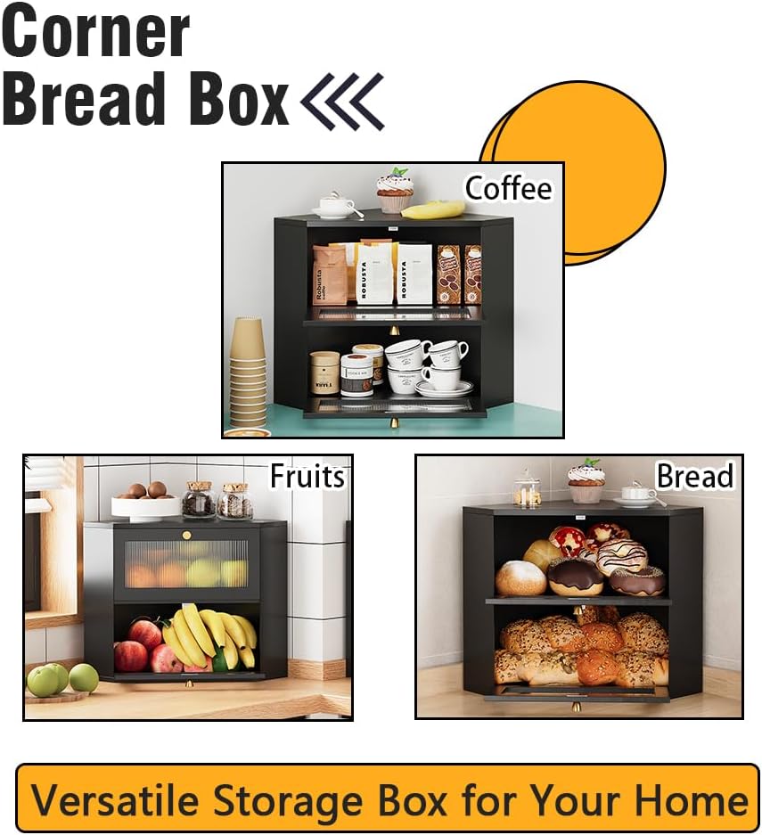 VEDECASA Bambus Brotkasten für Küche 2-Etagen Eck-brotkasten mit transparenter Acryl-Tür lebensmitte