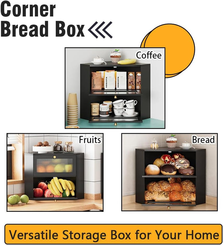 VEDECASA Bambus Brotkasten für Küche 2-Etagen Eck-brotkasten mit transparenter Acryl-Tür lebensmitte