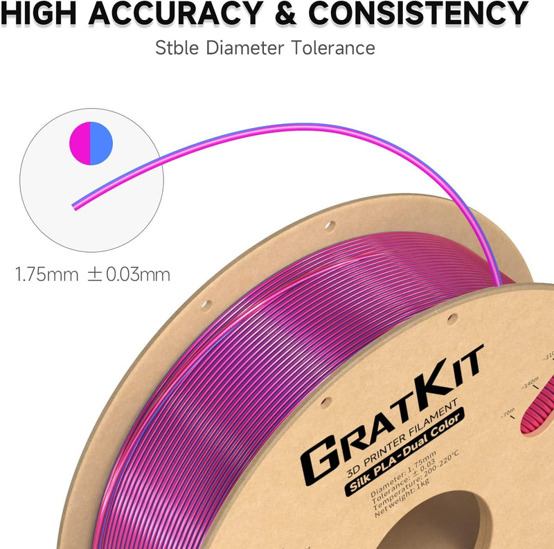 GratKit Dual Zweifarbig Seide PLA Filament 1.75mm, -0.03mm, Coextrusion PLA Filament, 3D Drucker Fil